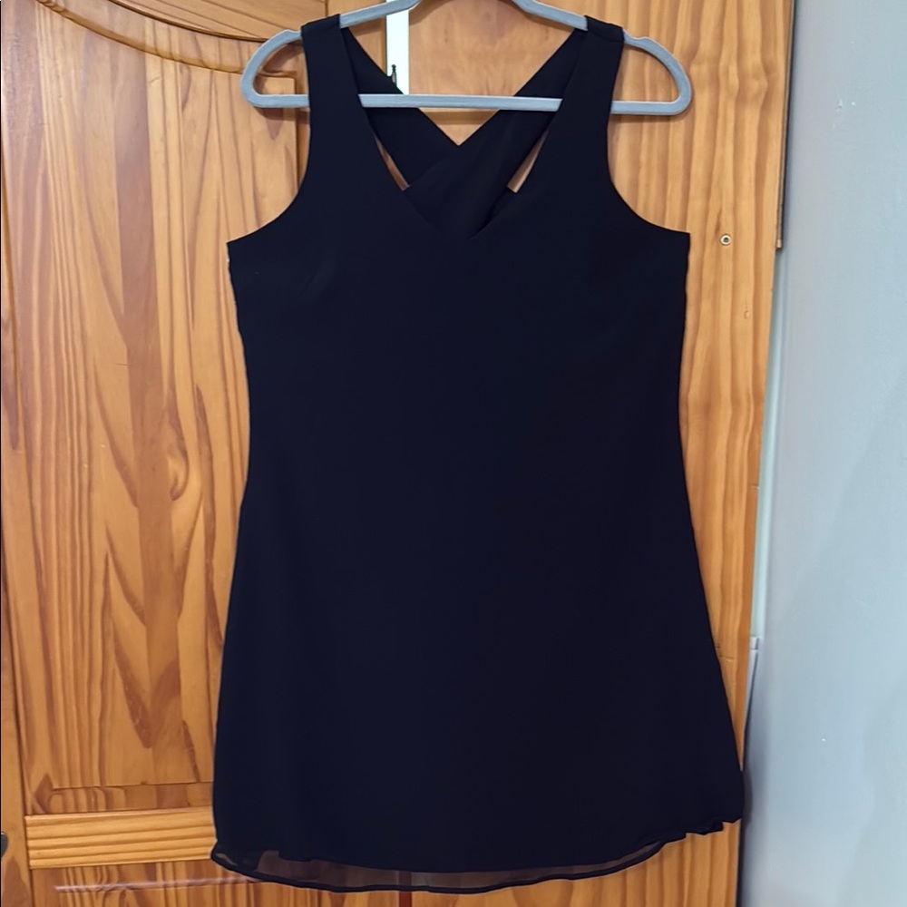 NWT LOFT CROSS-BACK MINI DRESS WOMENS M BLACK SHEER LINING V-NECK CLASSIC